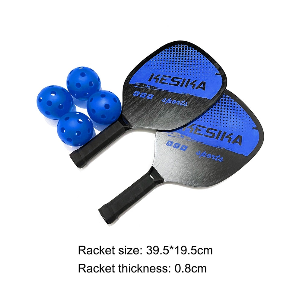 Wooden pickleball paddle kit with balls and a bag.