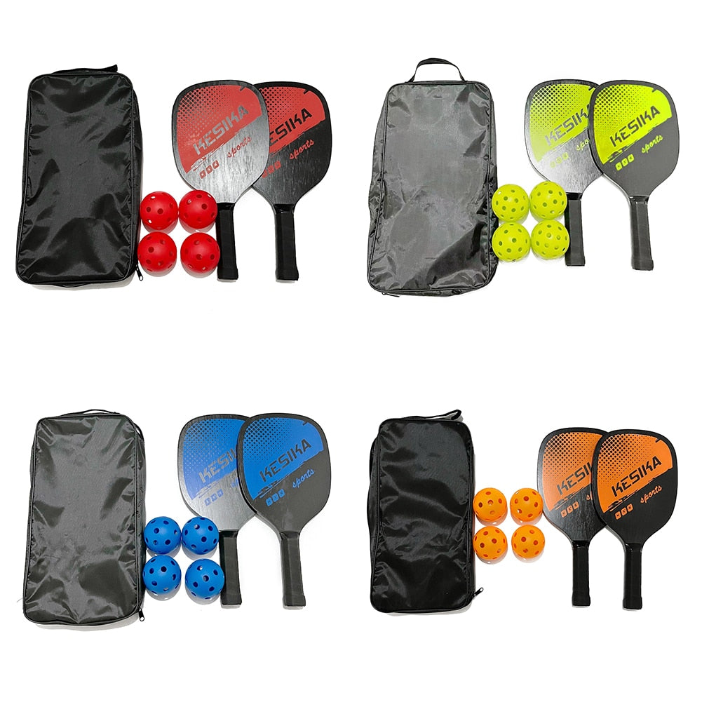 Wooden pickleball paddle kit with balls and a bag.