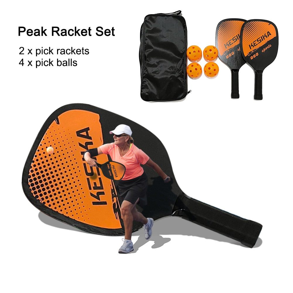 Wooden pickleball paddle kit with balls and a bag.