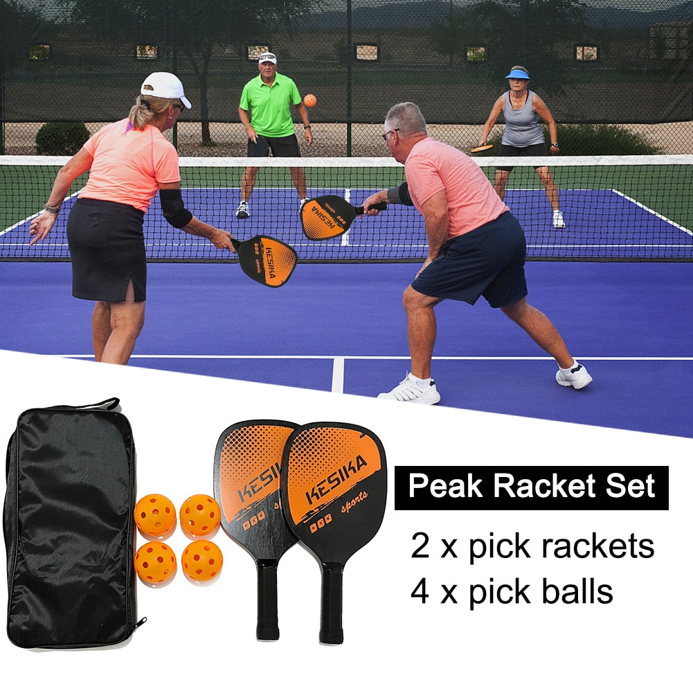 Wooden pickleball paddle kit with balls and a bag.