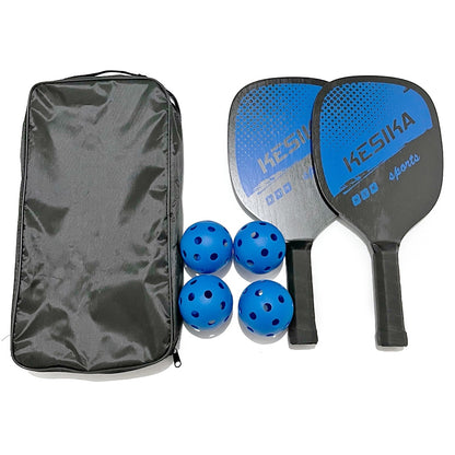 Wooden pickleball paddle kit with balls and a bag.