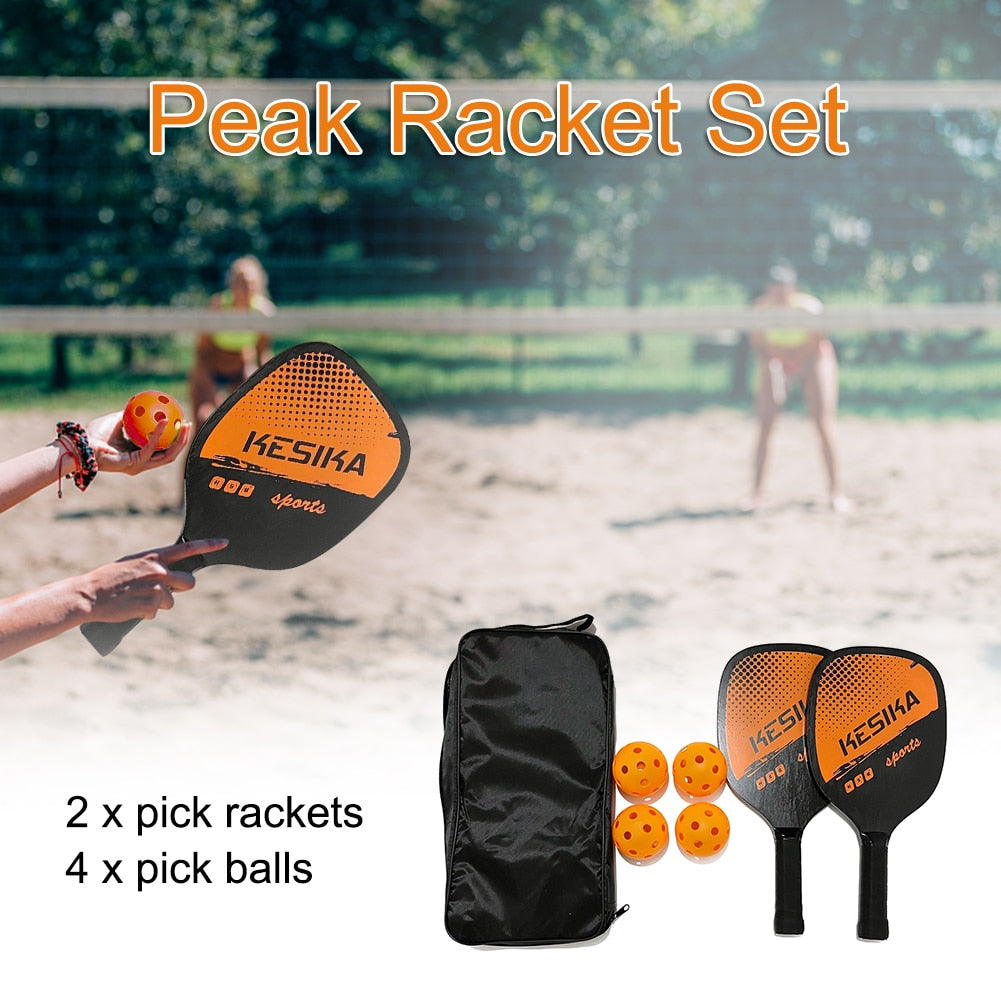 Wooden pickleball paddle kit with balls and a bag.