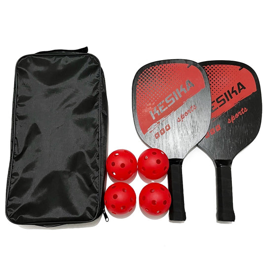 Wooden pickleball paddle kit with balls and a bag.